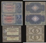 Switzerland 20 Francs 21.2.1929 first day of issue Pick 39a Fine 2 pinholes , 20 Francs 4.12.1942 VF Pick 39L, 5 Francs 22.10.1936 VF Pick 11h and 5 F...