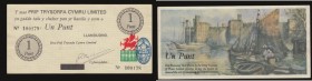 Wales one punt, red dragon at right, colourful sailing scene on reverse, Llandudno, with Two Pence blue emblem right of dragon, No 100178 AU

Estima...