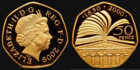Fifty Pence 2009 150 Years of Public Libraries Gold Proof Piedfort S.H11, FDC in an LCGS holder and graded LCGS 98, This reverse type originally issue...