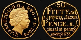 Fifty Pence 2009 250th Anniversary of Samuel Johnson's Dictionary Gold Proof Piedfort S.H14 FDC in an LCGS holder and graded LCGS 98. This reverse typ...