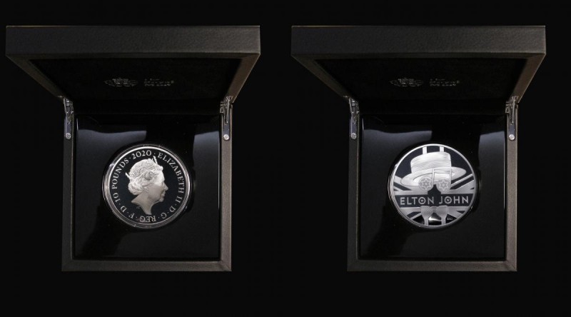 Ten Pounds 2020 Elton John 5oz. Silver Proof FDC in the Royal Mint box of issue ...