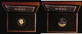 Guernsey Five Pounds 2019 D-Day 75th Anniversary One Ounce 24 carat Gold Proof, Reverse: Cromwell Tank Mark IV, Horsa glider and Landing Craft Assault...