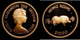 Hong Kong $1000 Gold 1983 Year of the Pig KM#51 Proof nFDC with a few very minor contact marks on the obverse, retaining full mint brilliance, uncased...