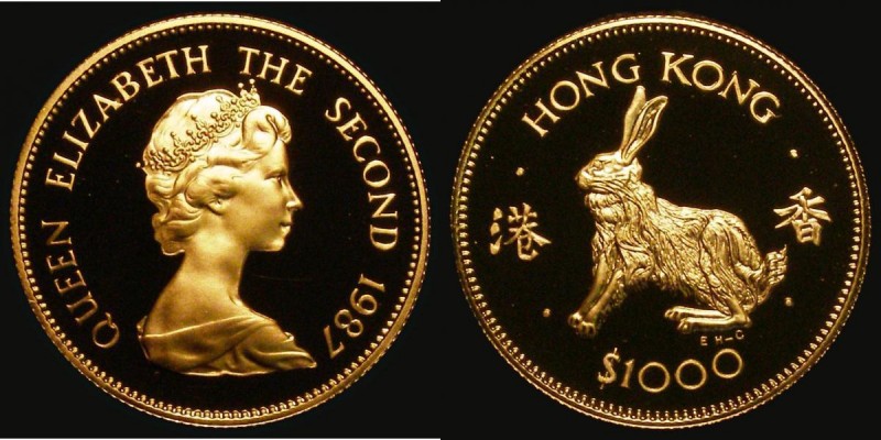 Hong Kong $1000 Gold 1987 Year of the Rabbit KM#58 Proof the obverse with a few ...
