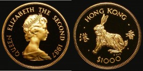 Hong Kong $1000 Gold 1987 Year of the Rabbit KM#58 Proof the obverse with a few very minor hairlines, otherwise FDC, uncased in capsule with certifica...
