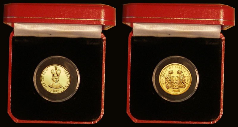 Sierra Leone Fifty Dollars 2008 Gold Proof with Diamond, Pearl, Ruby and Sapphir...