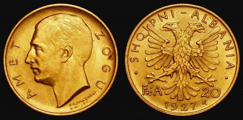 Albania 20 Franga Ari 1927 KM#10 EF with a small tone spot on the obverse, the s...