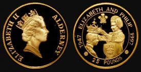 Alderney &pound;25 Gold Quarter Ounce 1997 Queen Elizabeth II and Prince Philip Golden Wedding Gold Proof KM#nFDC with a few small tone spots, uncased...