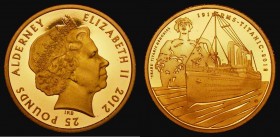 Alderney Twenty Five Pounds 2012 100th Anniversary of the Sinking of the Titanic Gold Proof, minor flecks of toning, otherwise FDC retaining practical...