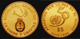 Argentina Five Pesos Gold 1995 50th Anniversary of the United Nations KM#136 Gold Proof, nFDC with a hint of very light toning, a rare issue with a mi...