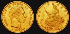 Denmark 20 Kroner Gold 1873 (h) HC/CS KM#791.1 EF with a surface mark to the right of the date, the first year in this short series

Estimate: GBP 3...