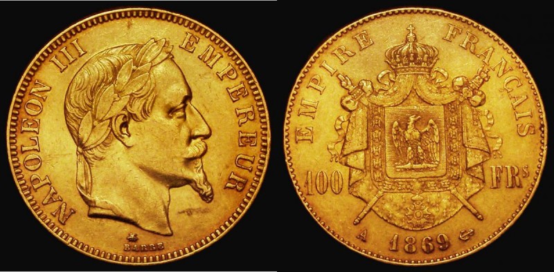 France 100 Francs Gold 1869A Paris Mint KM#802.1 GVF with some contact marks

...