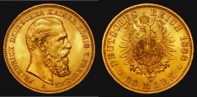German States - Prussia 20 Marks Gold 1888A KM#516 UNC and lustrous with minor cabinet friction and some tiny rim nicks, a very pleasing example

Es...