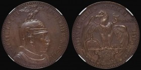 German States - Prussia 5 Marks 1913G Pattern in copper, unlisted by Krause Obverse: Wilhelm II facing right, Reverse: Eagle facing, looking left, wit...