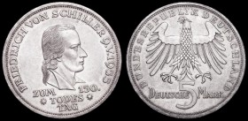 Germany - Federal Republic 5 Marks 1955F 150th Anniversary of the Death of Friedrich von Schiller KM#114 Lustrous GEF/AU with some small rim nicks

...