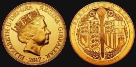 Gibraltar Five Pounds Gold 2017 Queen Elizabeth II and Prince Philip Diamond Wedding Gold Prooflike UNC rare with only 187 pieces minted

Estimate: ...