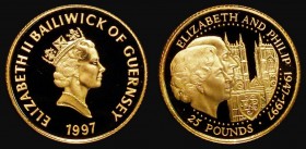 Guernsey &pound;25 Gold Quarter Ounce 1997 Queen Elizabeth II and Prince Philip Golden Wedding KM#72 Gold Proof FDC uncased in capsule with certificat...