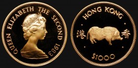 Hong Kong $1000 Gold 1983 Year of the Pig KM#51 Proof nFDC/FDC the obverse with a hint of toning in the fields, uncased

Estimate: GBP 700 - 900