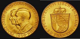 Liechtenstein 50 Franken Gold 1956 Franz Josef II and Princess Gina Y#16 EF/AU with minor contact marks, the first Gold 50 Franken coin issued in Liec...
