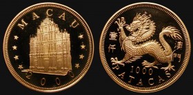 Macau 1000 Patacas Gold 2000 Year of the Dragon KM#101 Gold Proof nFDC/FDC with the odd very small tone spot, retaining practically full original mint...