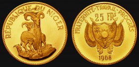 Niger 25 Francs Gold 1968 Reverse: Barbary Sheep KM#9.1 Gold Proof nFDC with the odd small contact mark, retaining practically full original mint bril...