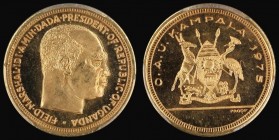 Uganda One Pound 1975 Medallic Coinage Obverse: Portrait of Idi Amin right, Reverse: Ugandan Arms Gold Proof X#3 in a PCGS holder and graded PF65 CAM...