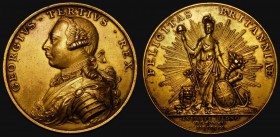 Accession of George III 1760 41mm diameter struck in Gilt bronze by T.Pingo, type as Eimer 683, BHM 3, not listed in gilt bronze, Obv: Bust left, armo...