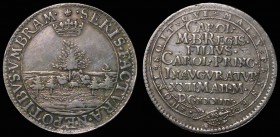 Prince Charles - Knight of the Garter 1638 31mm diameter in silver by N.Briot Obverse: Sheep sheltering beneath the tallest tree in a forest marked by...
