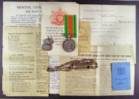 World War II Defence Medal 1939-1945 A/UNC and lustrous with ribbon, with application for the Defence Medal to Mr. Ambrose Dismore of Fishponds, Brist...