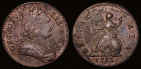 Farthing 1773 Obverse 2 No Stop after REX, extra stop after the second N of BRITANNIA GVF with some light surface deposit from vinyl storage, this pos...