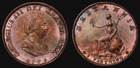 Farthing 1799 Peck 1279 UNC or near so, attractively toned with traces of lustre

Estimate: GBP 55 - 75