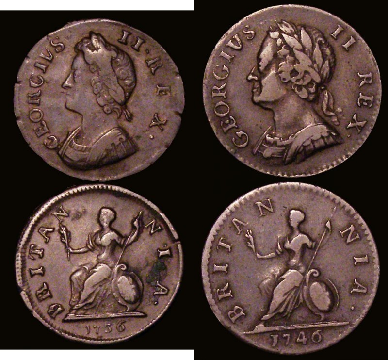 Farthings (2) 1736 Triple Tie Riband Peck 865 Good Fine with several edge nicks,...