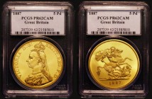 Five Pounds 1887 Proof S.3864 FDC and graded PR62CAM by PCGS without B.P in exergue and a much rarer variety Linecar and Stone 73, considered by conno...
