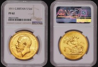 Five Pounds 1911 Gold Proof S.3994 in an NGC holder and graded PR62 appears conservatively graded

Estimate: GBP 7000 - 10000