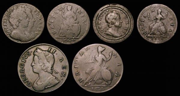 Halfpenny 1735 Large Date About Fine, Farthings (2) 1694 VG, 1721 NF/Fine pitted...