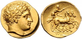 Philipp II. 323 - 316
Griechische Münzen, Makedonien. Stater, ca. 323-316 v. Chr.. Av.: Kopf des Apollon mit Lorbeerkranz n.r. Rv.: ΦIΛIΠΠOY (im Absch...