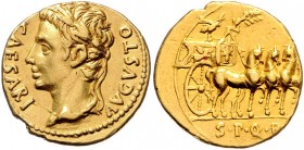 Augustus 27 v. - 14 n. Chr.
Römische Münzen, Römisches Kaiserreich. Aureus, 18 v. Chr.. Av.: CAESARI - AVGVSTO, Kopf mit Lorbeerkranz n.l. Rv.: S P Q ...