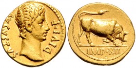 Augustus 27 v. - 14 n. Chr.
Römische Münzen, Römisches Kaiserreich. Aureus, 11-10 v. Chr.. Av.: AVGVSTVS - DIVI F, Kopf n.r. Rv.: IMP XII (im Abschnit...