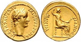 Tiberius 14 - 37
Römische Münzen, Römisches Kaiserreich. Aureus, 18-35 n. Chr.. Av.: TI CAESAR DIVI - AVG F AVGVSTVS, Kopf mit Lorbeerkranz n.r. Rv.: ...