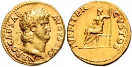 Nero 54 - 68
Römische Münzen, Römisches Kaiserreich. Aureus, 64-65 n. Chr.. Av.: NERO CAESAR - AVGVSTVS, Kopf mit Lorbeerkranz n.r. Rv.: IVPPITER - CV...