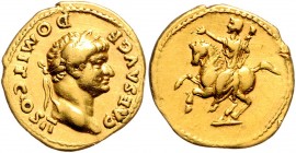 Domitianus als Caesar 69 - 81
Römische Münzen, Römisches Kaiserreich. Aureus, 73-75 v. Chr.. Av.: CAES AVG F - DOMIT COS II, Kopf mit Lorbeerkranz n.r...