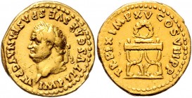 Titus 79 - 81
Römische Münzen, Römisches Kaiserreich. Aureus, Januar-Juni 80 n. Chr.. Av.: IMP TITVS CAES VESPASIAN AVG P M, Kopf mit Lorbeerkranz n.l...