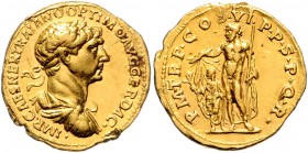 Traianus 98 - 117
Römische Münzen, Römisches Kaiserreich. Aureus, 114-115 n. Chr.. Av.: IMP CAES NER TRAIANO OPTIMO AVG GER DAC, Büste mit Lorbeerkran...