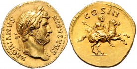 Hadrianus 117 - 138
Römische Münzen, Römisches Kaiserreich. Aureus, 125-126/127 n. Chr.. Av.: HADRIANVS - AVGVSTVS, Büste mit Lorbeerkranz und leichte...