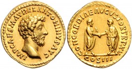 Marcus Aurelius 161 - 180
Römische Münzen, Römisches Kaiserreich. Aureus, März-Dezember 161 n. Chr.. Av.: IMP CAES M AVREL ANTONINVS AVG, Kopf n.r. Rv...