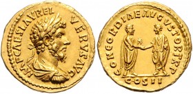 Lucius Verus 161 - 169
Römische Münzen, Römisches Kaiserreich. Aureus, März-Dezember 161 n. Chr.. Av.: IMP CAES L AVREL - VERVS AVG, Büste mit Lorbeer...