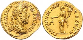 Commodus 177 / 180 - 192
Römische Münzen, Römisches Kaiserreich. Aureus, Dezember 187-Dezember 188 n. Chr.. Av.: M COMM ANT P - FEL AVG BRIT, Büste mi...