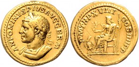 Caracalla 198 / 211 - 217
Römische Münzen, Römisches Kaiserreich. Aureus, 215 n. Chr.. Av.: ANTONINVS PIVS AVG GERM, Büste mit Lorbeerkranz und Brustp...