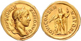 Severus Alexander 222 - 235
Römische Münzen, Römisches Kaiserreich. Aureus, 228-231 n. Chr.. Av.: IMP SEV ALE-XAND AVG, Büste mit Lorbeerkranz und lei...