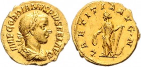 Gordianus III. 238 - 244
Römische Münzen, Römisches Kaiserreich. Aureus, 241-243 n. Chr.. Av.: IMP GORDIANVS PIVS FEL AVG, Büste mit Lorbeerkranz, Pal...